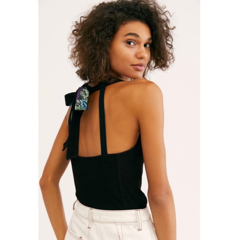 NEW Free People One Call Away Halter Top Black NWT Size L V-Neck